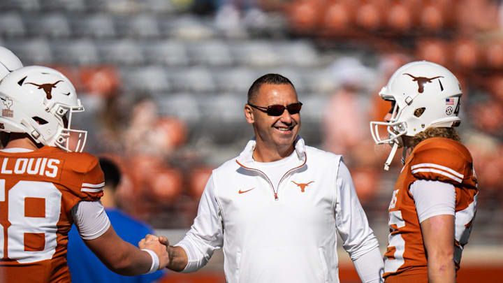 Texas Longhorns Head Coach Steve Sarkisian talks with the special teams as they warm up ahead of the Longhorns' game against the Florida Gators, Nov. 9, 2024 at Darrell K. Royal Texas Memorial Stadium in Austin. Texas Longhorns Head Coach Steve Sarkisian talks with the special teams as they warm up ahead of the Longhorns' game against the Florida Gators, Nov. 9, 2024 at Darrell K. Royal Texas Memorial Stadium in Austin.
