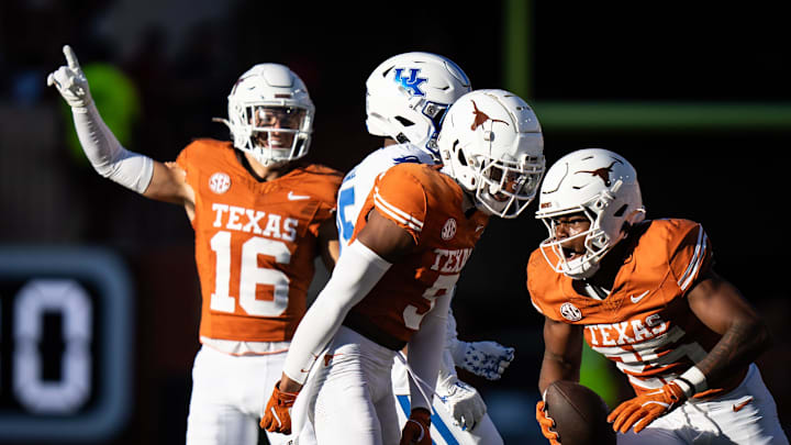 Texas Longhorns defensive back Jelani McDonald (25) celebrates after an interception in the second quarter of the Texas Longhorns' game against the Kentucky Wildcats at Darrell K Royal Texas Memorial Stadium in Austin, Nov. 23, 2024.