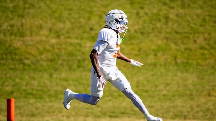 Texas Longhorns wide receiver Isaiah Bond (7) runs a drill during practice on the University of Texas campus in Austin, Dec. 27, 2024 ahead of the second round playoff game against Arizona State in the Peach Bowl on the New Years Day.