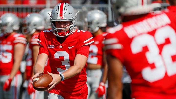Ohio State Buckeyes quarterback Quinn Ewers (3) warms ups prior to the NCAA football game against the Tulsa Golden Hurricane at Ohio Stadium in Columbus on Saturday, Sept. 18, 2021

Tulsa At Ohio State Football