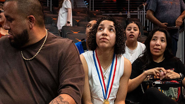Aaliyah Chavez, the Nation's No. 1 recruit and Texas State Champion watches the Longhorns warm up ahead of the their game against the Florida Gators, March 2, 2025.