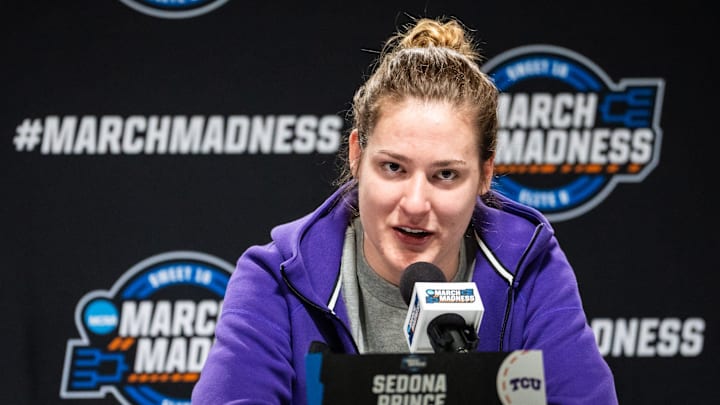 TCU center Sedona Prince (13) speaks to the media during a press conference ahead of the Regional Finals of the NCAA Women's Tournament in Birmingham, Alabama, March 30, 2025. TCU will face the Texas Longhorns in the Elite Eight on Monday night. TCU center Sedona Prince (13) speaks to the media during a press conference ahead of the Regional Finals of the NCAA Women's Tournament in Birmingham, Alabama, March 30, 2025. TCU will face the Texas Longhorns in the Elite Eight on Monday night.