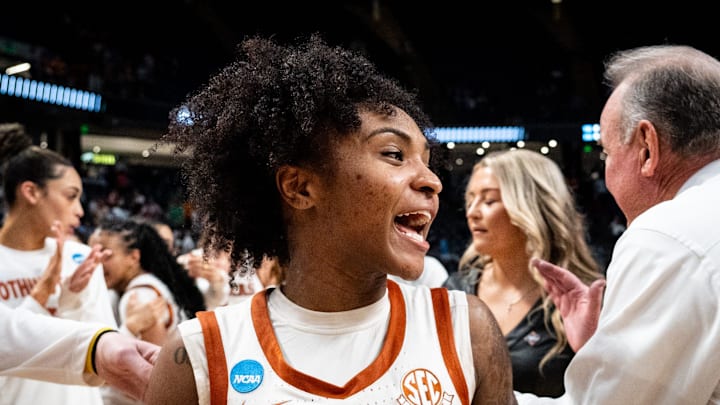 Texas Longhorns guard Rori Harmon (3) celebrates after winning the NCAA Playoff Regional semi-final game against the Tennessee Lady Vols 59-67 at Legacy Arena in Birmingham Alabama, March 29, 2025. The Longhorns will advance to the Elite Eight round, playing against TCU in the Regional Finals on Monday.
