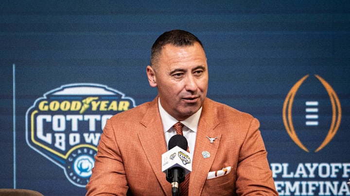 Texas Longhorns Head Coach Steve Sarkisian speaks during the Coaches' Press Conference at AT&T Stadium, Jan. 9, 2024. Both coaches answered questions from the media during the conference, and will face each other in the Cotton Bowl College Football Playoff semi-final game on Friday.