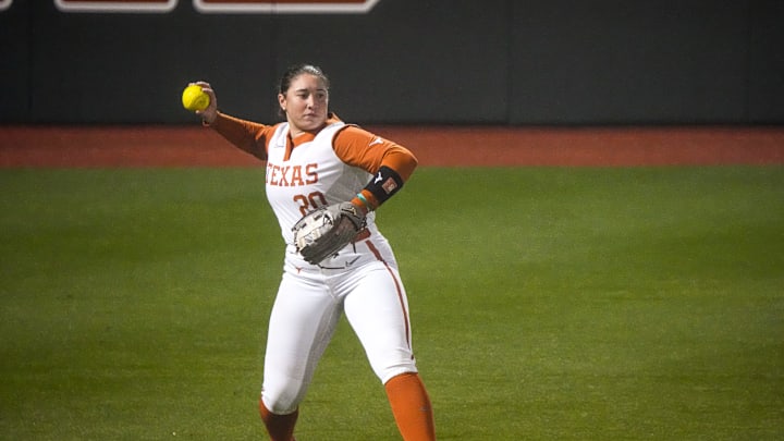 Texas Longhorns outfielder Katie Stewart (2) throws the ball to first during the game against Texas Tech on day one of the Bevo Classic at Red and Charline McCombs field on Friday, February. 14, 2025 in Austin.