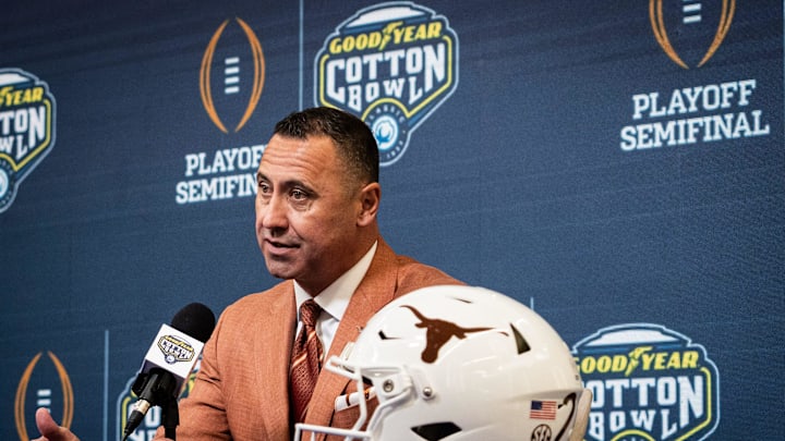 Texas Longhorns Head Coach Steve Sarkisian speaks during the Coaches' Press Conference at AT&T Stadium, Jan. 9, 2024. Both coaches answered questions from the media during the conference, and will face each other in the Cotton Bowl College Football Playoff semi-final game on Friday.