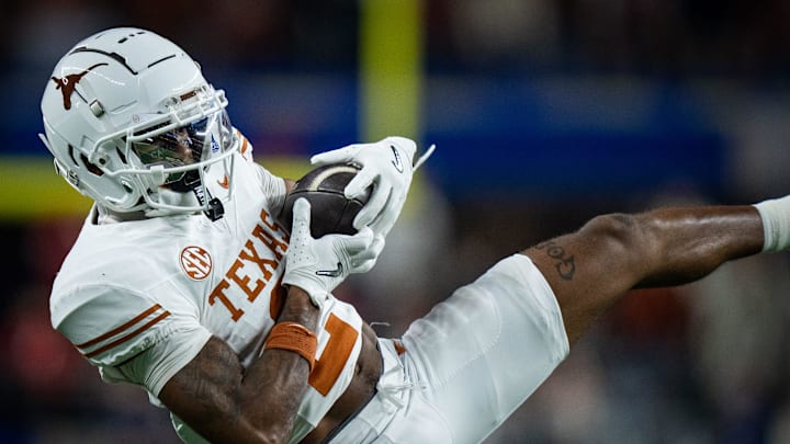 Texas Longhorns wide receiver Matthew Golden (2) catches a pass in the fourth quarter as the Texas Longhorns play the Ohio State Buckeyes in the Cotton Bowl College Football Playoff semi-final at AT&T Stadium in Dallas, Texas, Jan. 10, 2025.