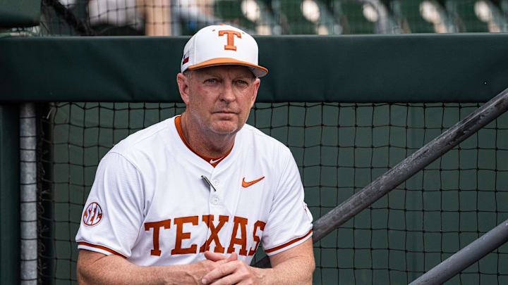 Texas Baseball coach Jim Schlossnagle watches from the dugout as the Longhorns prepare to take on the Auburn Tigers in the first game of a three-game series on Thursday night at UFCU Disch-Falk Field in Austin, April 17, 2025.