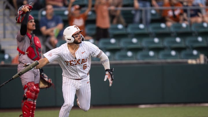 Texas catcher Rylan Galvan (6) runs to first base during the Longhorns' game against Louisville at UFCU Disch-Falk Field in Austin Tuesday, May 6, 2025. Texas catcher Rylan Galvan (6) runs to first base during the Longhorns' game against Louisville at UFCU Disch-Falk Field in Austin Tuesday, May 6, 2025.