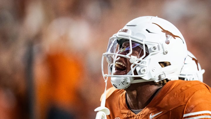 Texas Longhorns linebacker Morice Blackwell Jr. (37) celebrates a play in the third quarter of the Longhorns' game against the Georgia Bulldogs at Darrell K. Royal Texas Memorial Stadium in Austin, Oct. 19, 2024. Texas Longhorns linebacker Morice Blackwell Jr. (37) celebrates a play in the third quarter of the Longhorns' game against the Georgia Bulldogs at Darrell K. Royal Texas Memorial Stadium in Austin, Oct. 19, 2024.