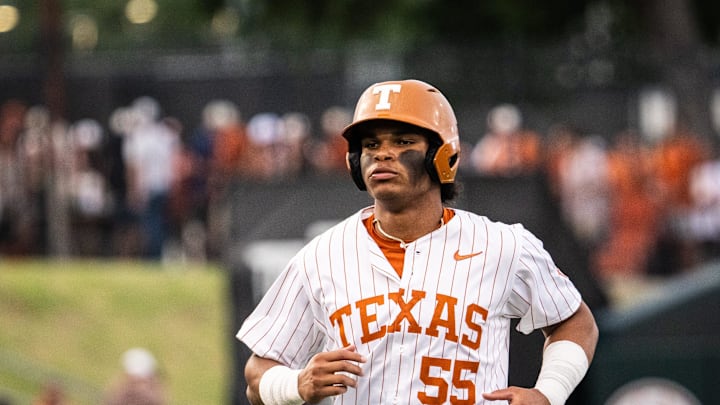 Texas Longhorns outfielder Jonah Williams (55) runs in from the outfield in the fourth inning as the Longhorns play the Auburn Tigers in the second game of a three-game series on Friday night at UFCU Disch-Falk Field in Austin, April 18, 2025. Texas Longhorns outfielder Jonah Williams (55) runs in from the outfield in the fourth inning as the Longhorns play the Auburn Tigers in the second game of a three-game series on Friday night at UFCU Disch-Falk Field in Austin, April 18, 2025.