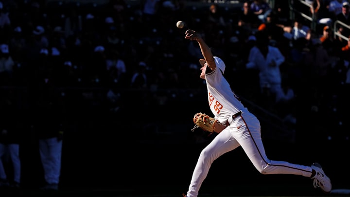 Texas Longhorns pitcher Dylan Volantis (99) throw a pitch during the annual Texas baseball alumni game at UFCU Disch-Falk Field on Saturday, Feb. 1, 2025. Texas Longhorns pitcher Dylan Volantis (99) throw a pitch during the annual Texas baseball alumni game at UFCU Disch-Falk Field on Saturday, Feb. 1, 2025.