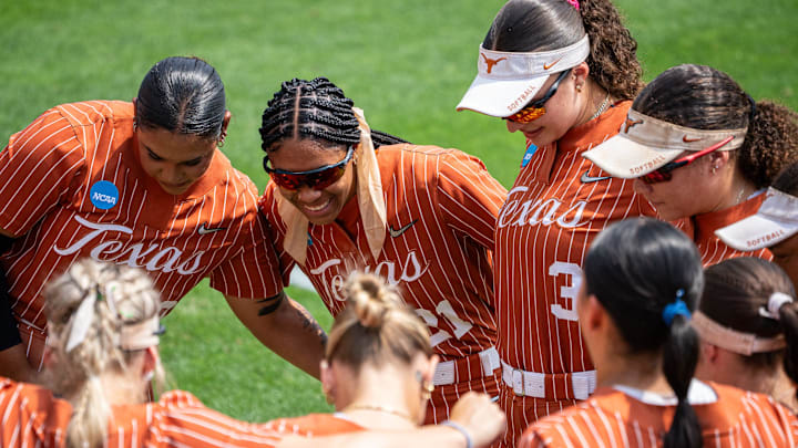 Texas gather together as the Longhorns prepare to take on the Michigan Wolverines in the third game of the NCAA Tournament regional in Austin, May 17, 2025. Texas gather together as the Longhorns prepare to take on the Michigan Wolverines in the third game of the NCAA Tournament regional in Austin, May 17, 2025.