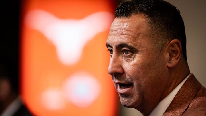 Texas Longhorns Head Coach Steve Sarkisian speaks during the Coaches' Press Conference at AT&T Stadium, Jan. 9, 2024. Both coaches answered questions from the media during the conference, and will face each other in the Cotton Bowl College Football Playoff semi-final game on Friday.