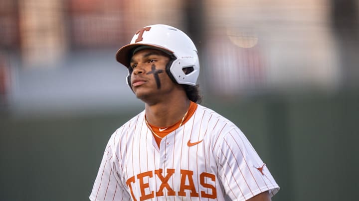 Texas outfielder Jonah Williams (55) stands on first base during the Longhorns' game against Louisville at UFCU Disch-Falk Field in Austin Tuesday, May 6, 2025. Texas outfielder Jonah Williams (55) stands on first base during the Longhorns' game against Louisville at UFCU Disch-Falk Field in Austin Tuesday, May 6, 2025.