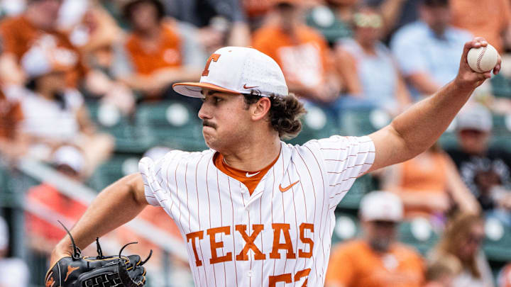 Texas Longhorns pitcher Luke Harrison (53) pitches during the second inning as the Texas Longhorns take on the Florida Gators, May 10, 2025.