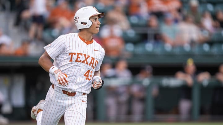 Texas outfielder Tommy Farmer IV (43) runs to first base during the Longhorns' game against Louisville at UFCU Disch-Falk Field in Austin Tuesday, May 6, 2025.