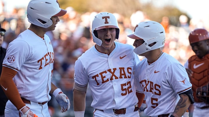 Texas Longhorns infielder Cole Chamberlain (52) celebrates a home run during the annual Texas baseball alumni game at UFCU Disch-Falk Field on Saturday, Feb. 1, 2025. Texas Longhorns infielder Cole Chamberlain (52) celebrates a home run during the annual Texas baseball alumni game at UFCU Disch-Falk Field on Saturday, Feb. 1, 2025.