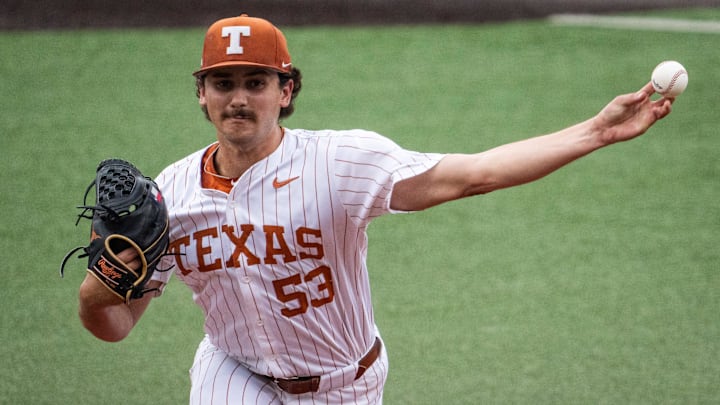 Texas Longhorns pitcher Luke Harrison (53) pitches in the second inning as the Longhorns play the Auburn Tigers in the second game of a three-game series on Friday night at UFCU Disch-Falk Field in Austin, April 18, 2025.