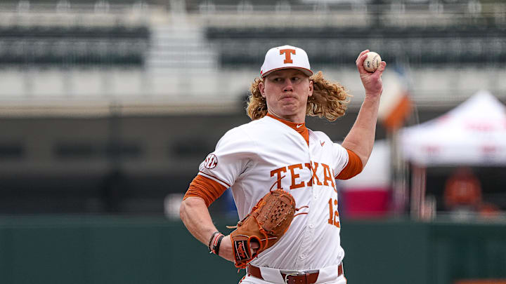 Texas Longhorns pitcher Jared Spencer (12) throws a pitch during the game against Dartmouth at UFCU Disch-Falk Field on Friday, Feb. 21, 2025.