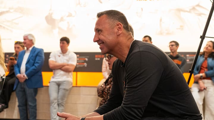 Football coach Steve Sarkisian smiles as The University of Texas announces Sean Miller as their new men's basketball coach Tuesday, March 25, 2025. Football coach Steve Sarkisian smiles as The University of Texas announces Sean Miller as their new men's basketball coach Tuesday, March 25, 2025.