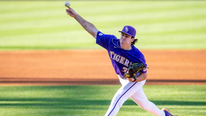 Tigers starting pitcher Luke Holman 38 on the mound as the LSU Tigers take on the Vanderbilt Commodores at Alex Box Stadium in Baton Rouge LA. Thursday, April 4, 2024.