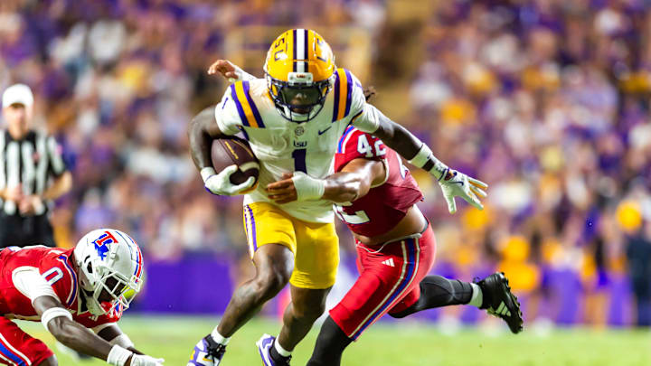 Aaron Anderson 1, LSU Tigers take on the Louisiana Tech. Sept 6, 2025; Baton Rouge, Louisiana, USA; at Tiger Stadium.