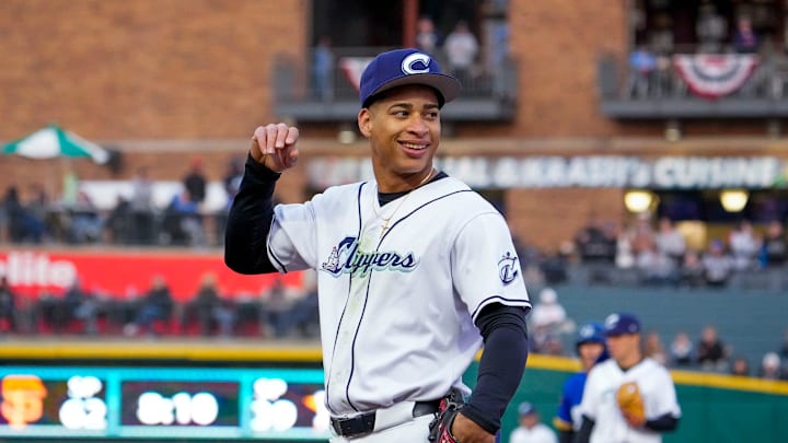 Columbus Clippers infielder Juan Brito (24) laughs during the game against the St. Paul Saints at Huntington Park on Tuesday, April 1, 2025 in Columbus, Ohio.
