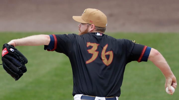 Milwaukee Brewers’ pitcher Brandon Woodruff during a rehabilitation start, following shoulder surgery in November 2023, with the Wisconsin Timber Rattlers on Friday, April 18, 2025, at Neuroscience Group Field at Fox Cities Stadium in Grand Chute, Wis. Milwaukee Brewers’ pitcher Brandon Woodruff during a rehabilitation start, following shoulder surgery in November 2023, with the Wisconsin Timber Rattlers on Friday, April 18, 2025, at Neuroscience Group Field at Fox Cities Stadium in Grand Chute, Wis.