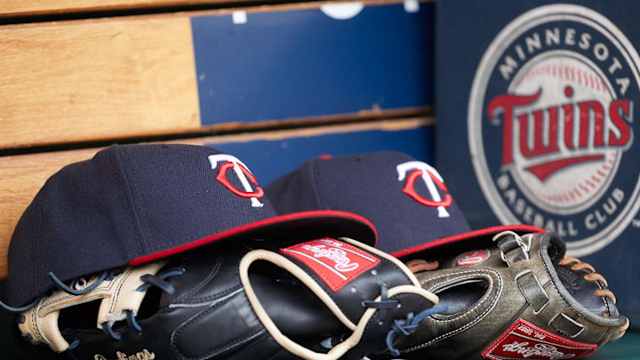 Detroit, MI, USA; Minnesota Twins hat and glove in the dugout during the game against the Detroit Tigers at Comerica Park.