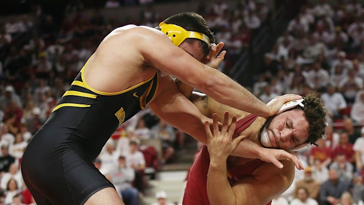 Iowa State Cyclones Yonger Bastida and Missouri Tigers' Zach Elam wrestle during their 285-pound wrestling in the Big-12-conference showdown at Hilton Coliseum on Sunday, Feb. 25, 2024, in Ames, Iowa Iowa State Cyclones Yonger Bastida and Missouri Tigers' Zach Elam wrestle during their 285-pound wrestling in the Big-12-conference showdown at Hilton Coliseum on Sunday, Feb. 25, 2024, in Ames, Iowa