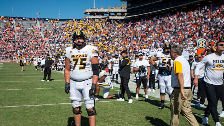 Missouri Tigers offensive lineman Mitchell Walters (75) reacts to the replay of the final play as Auburn Tigers take on Missouri Tigers at Jordan-Hare Stadium in Auburn, Ala., on Saturday, Sept. 24, 2022. Auburn Tigers defeated Missouri Tigers 17-14.
