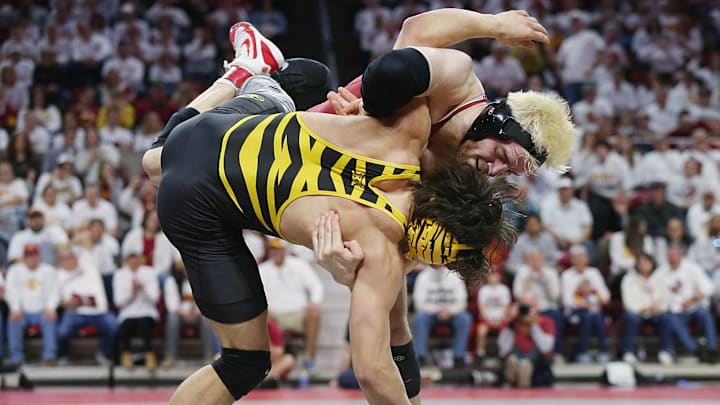 Iowa State Cyclones Will Feldkamp takes down Missouri Tigers' Colton Hawks during their 184-pound wrestling in the Big-12 conference showdown at Hilton Coliseum on Sunday, Feb. 25, 2024, in Ames, Iowa. Iowa State Cyclones Will Feldkamp takes down Missouri Tigers' Colton Hawks during their 184-pound wrestling in the Big-12 conference showdown at Hilton Coliseum on Sunday, Feb. 25, 2024, in Ames, Iowa.