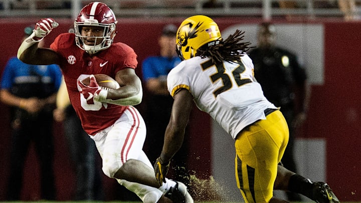 Alabama running back Josh Jacobs (8) returns a kick against Missouri linebacker Nick Bolton (32) in second half action at Bryant Denny Stadium in Tuscaloosa, Ala., on Saturday October 13, 2018.

Jacobs704