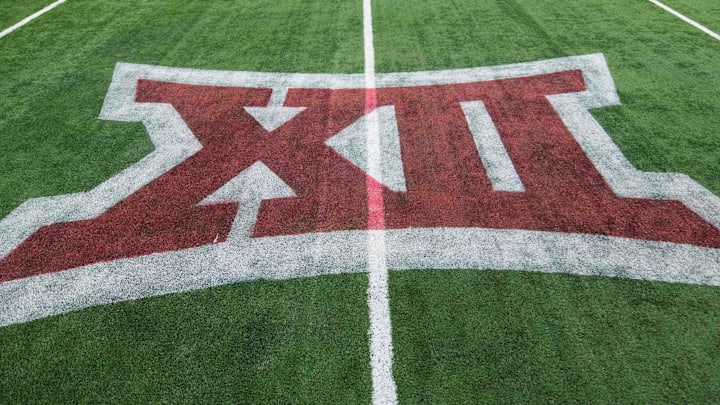 Oct 3, 2015; Arlington, TX, USA; A view of the Big 12 logo on the field after the game between the Baylor Bears and the Texas Tech Red Raiders at AT&T Stadium. The Bears defeat the Red Raiders 63-35. Mandatory Credit: Jerome Miron-Imagn Images