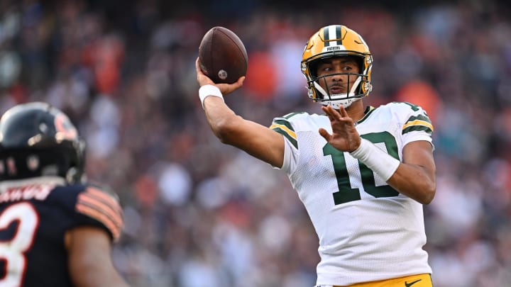Green Bay Packers quarterback Jordan Love (10) throws a touchdown pass against the Chicago Bears.