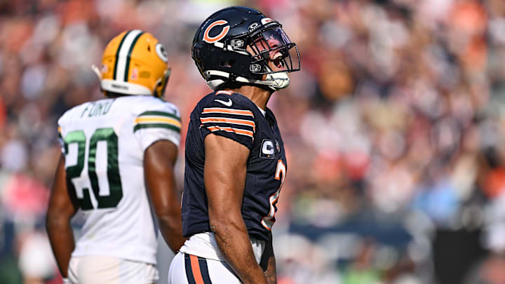 Chicago Bears wide receiver DJ Moore celebrates after a catch against the Green Bay Packers last year.