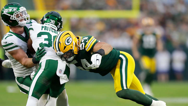 Green Bay Packers linebacker Kristian Welch (54) tackles New York Jets wide receiver Jamaal Pritchett (36)during their football game on Saturday, August 9, 2025, at Lambeau Field in Green Bay, Wis. Green Bay Packers linebacker Kristian Welch (54) tackles New York Jets wide receiver Jamaal Pritchett (36)during their football game on Saturday, August 9, 2025, at Lambeau Field in Green Bay, Wis.