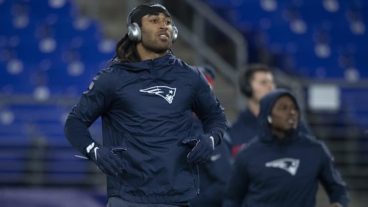 Nov 3, 2019; Baltimore, MD, USA; New England Patriots cornerback Stephon Gilmore (24) warms top before the game against the Baltimore Ravens at M&T Bank Stadium. Mandatory Credit: Tommy Gilligan-USA TODAY Sports