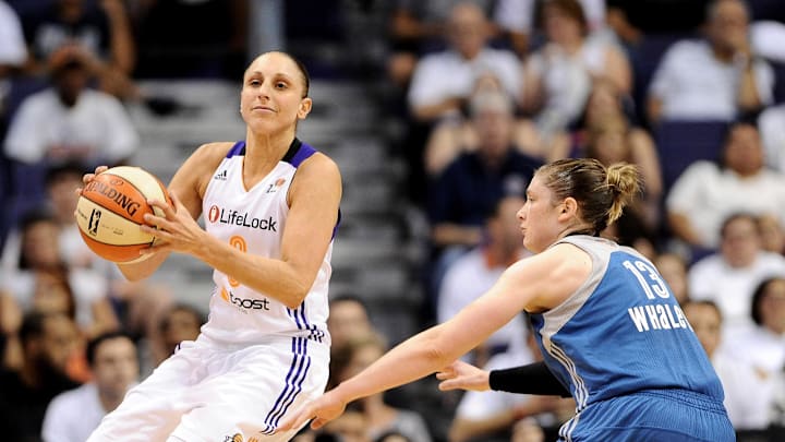 Sep 29, 2013; Phoenix, AZ, USA; Phoenix Mercury guard Diana Taurasi (3) handles the ball against defender Minnesota Lynx guard Lindsay Whalen (13) at US Airways Center. The Lynx defeated the Mercury 72-65. Mandatory Credit: Jennifer Stewart-Imagn Images Sep 29, 2013; Phoenix, AZ, USA; Phoenix Mercury guard Diana Taurasi (3) handles the ball against defender Minnesota Lynx guard Lindsay Whalen (13) at US Airways Center. The Lynx defeated the Mercury 72-65. Mandatory Credit: Jennifer Stewart-Imagn Images