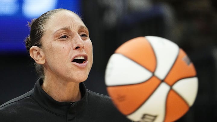 Phoenix Mercury guard Diana Taurasi yells from the bench during action against the Dallas Wings in the second half at Footprint Center in Phoenix on July 10, 2024.