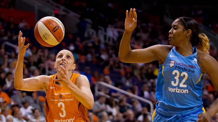 Jun 8, 2018; Phoenix, AZ, USA; Phoenix Mercury guard Diana Taurasi drives to the basket during the first half against the Chicago Sky at Talking Stick Resort Arena. Mandatory Credit: Brian Munoz-The Arizona Republic via USA TODAY NETWORK
