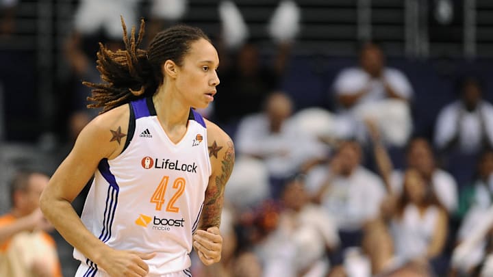 Sep 29, 2013; Phoenix, AZ, USA; Phoenix Mercury center Brittney Griner (42) in action against the Minnesota Lynx at US Airways Center. The Lynx defeated the Mercury 72-65. Mandatory Credit: Jennifer Stewart-Imagn Images