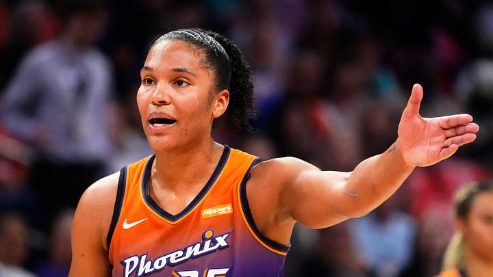 Phoenix Mercury forward Alyssa Thomas (25) reacts during action against the New York Liberty in the first half during Game Three of the 2025 WNBA Playoffs first round at PHX Arena on Sept. 19, 2025, in Phoenix.