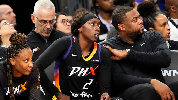 Phoenix Mercury guard Kahleah Copper (2) reacts after fouling out of the game against the Las Vegas Aces in Game Four of the WNBA Finals at Mortgage Matchup Center on Oct. 10, 2025, in Phoenix.