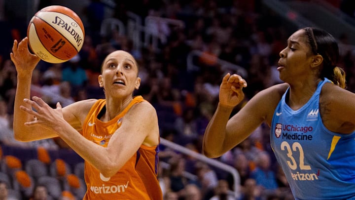 Jun 8, 2018; Phoenix, AZ, USA; Phoenix Mercury guard Diana Taurasi drives to the basket during the first half against the Chicago Sky at Talking Stick Resort Arena. Mandatory Credit: Brian Munoz-The Arizona Republic via USA TODAY NETWORK
