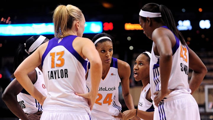 Sep 25, 2011; Phoenix, AZ, USA; Phoenix Mercury forward Penny Taylor (13) , guard DeWanna Bonner (24) , guard Temeka Johnson (2) , and forward Nakia Sanford (43) huddle on the court while playing against the Minnesota Lynx during the second half at the US Airways Center. The Lynx defeated the Mercury 103-86. Mandatory Credit: Jennifer Stewart-Imagn Images Sep 25, 2011; Phoenix, AZ, USA; Phoenix Mercury forward Penny Taylor (13) , guard DeWanna Bonner (24) , guard Temeka Johnson (2) , and forward Nakia Sanford (43) huddle on the court while playing against the Minnesota Lynx during the second half at the US Airways Center. The Lynx defeated the Mercury 103-86. Mandatory Credit: Jennifer Stewart-Imagn Images