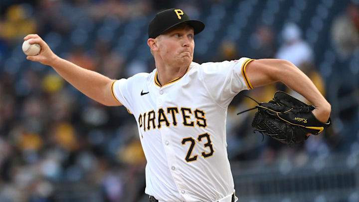 Sep 7, 2024; Pittsburgh, Pennsylvania, USA;  Pittsburgh Pirates starting pitcher Mitch Keller (23) throws to the Washington Nationals during the first inning of the second game of a double header at PNC Park. Mandatory Credit: Philip G. Pavely-Imagn Images
