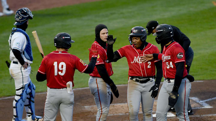 Altoona's Termarr Johnson crosses home on a fourth quarter 3-run homerun in Akron RubberDucks home opener against Altoona Curve. Tuesday, April 08, 2025.