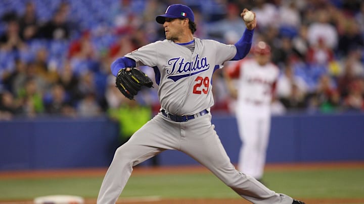 Mar 9, 2009; Toronto, ON, Canada; Italy starting pitcher Dan Serafini (29) delivers a pitch against Canada during first round pool play at the 2009 World Baseball Classic at the Rogers Centre in Toronto, ON. Italy beat Canada 6-2. Mandatory Credit: Tom Szczerbowski-Imagn Images